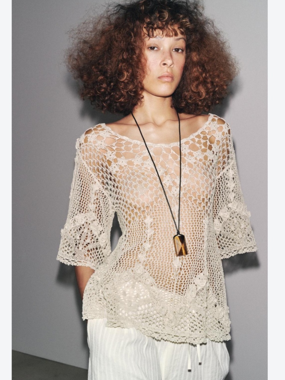 Zara Crochet Open-Knit Tunic Top - Cream